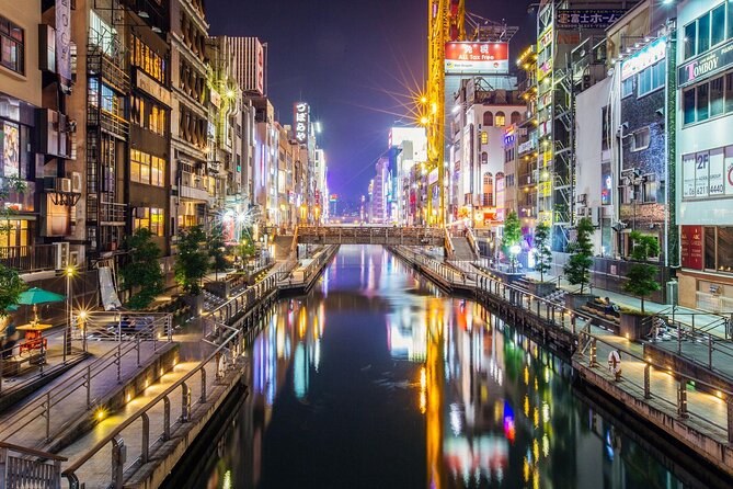 The Dotonbori canal at night, lit end to end by shopfront signs