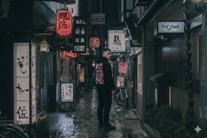A rain-soaked Osaka alley at night under hanging shop signs